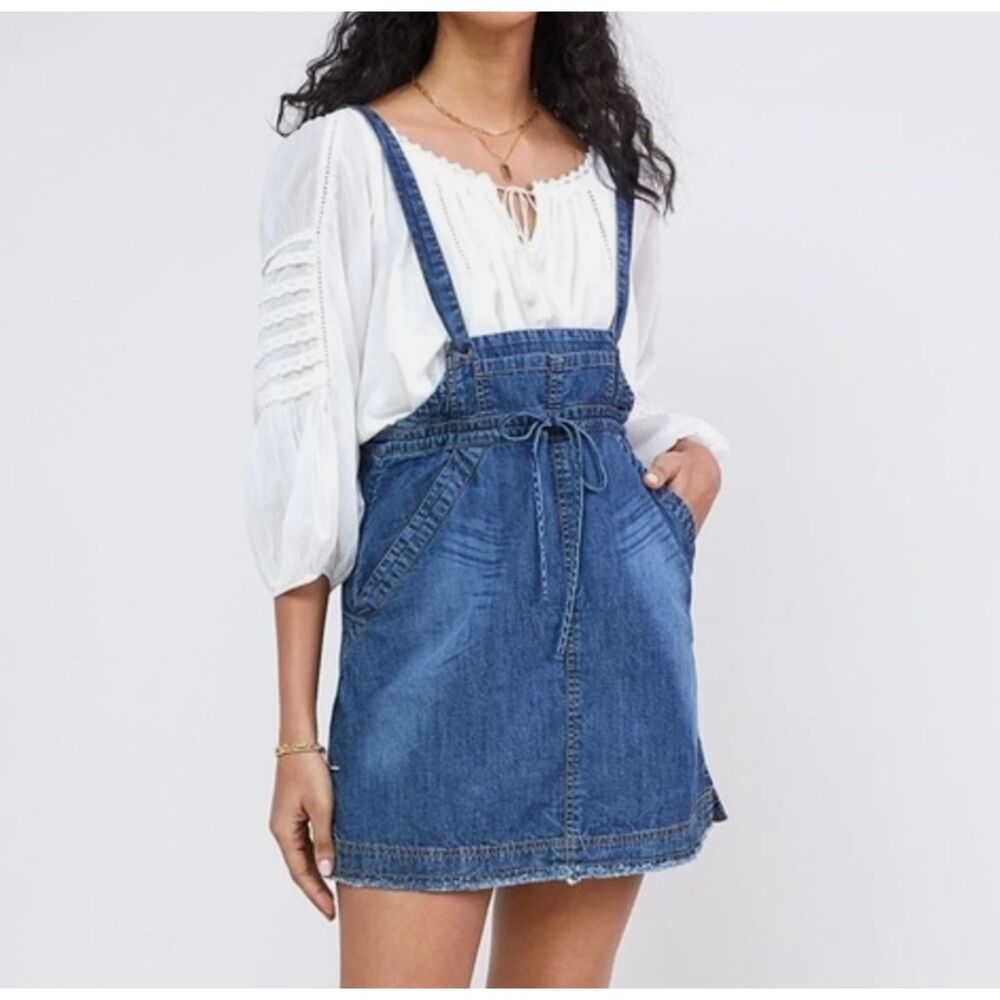 Anthropologie Pilcro Denim Jean Overall Skirt Skirtall Sz L Blue Mini Raw Hem